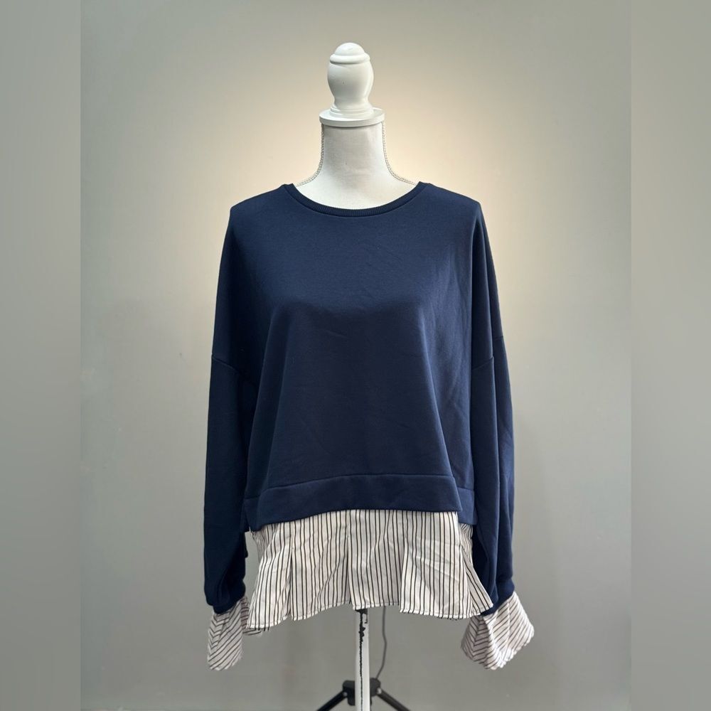 SALE! Navy Maeve Crewneck Mixed Media Top Size L NWT